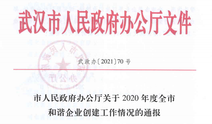 云顶国际喜获“2020年度武汉市模范和谐企业”荣誉称号